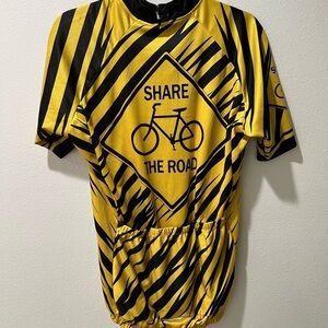 Men’s Large ‘Share the Road’ Yellow and Black Cycling Jersey, EUC, pocket, zip